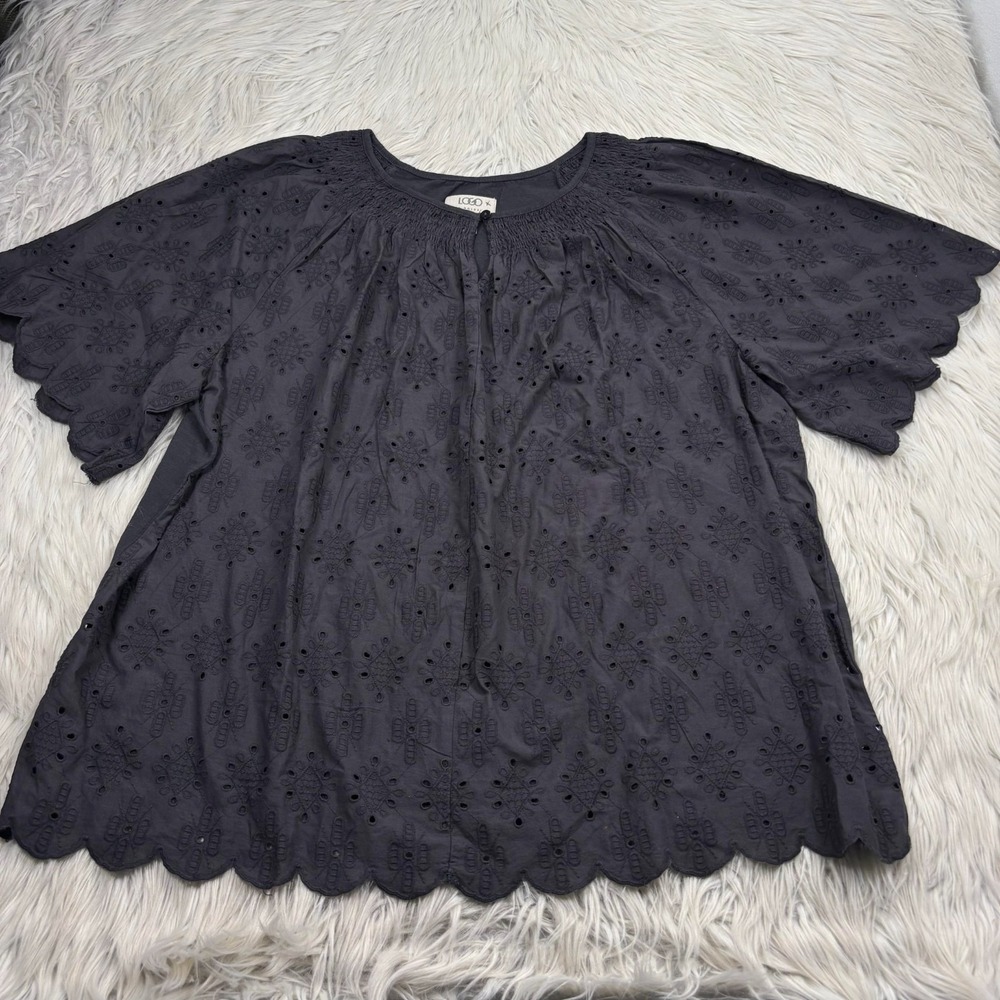 LOGO Lori Goldschmied Women's 1X Black Eyelet Blouse Scallop Hem Boho Peasant